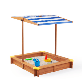 46 Inches Wooden Sandbox With Adjustable Canopy, Large Outdoor Cedar Bunker (Option: Wooden sandbox)